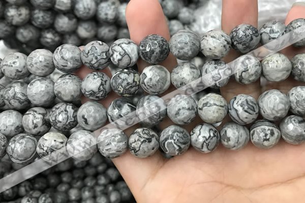 CPJ645 15.5 inches 14mm faceted round grey picture jasper beads