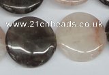 CPQ103 25mm flat round natural pink crystal & smoky quartz beads