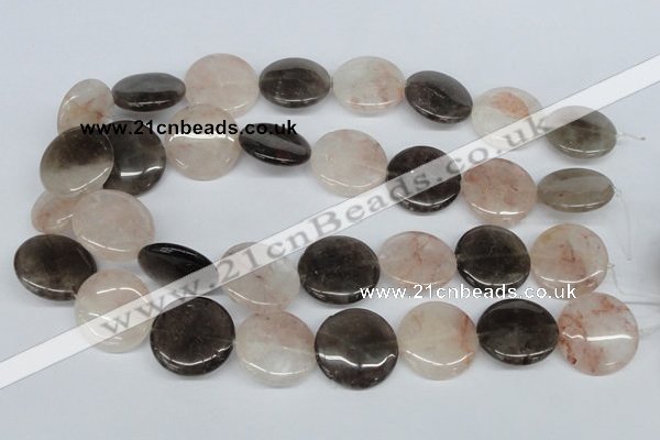 CPQ103 25mm flat round natural pink crystal & smoky quartz beads