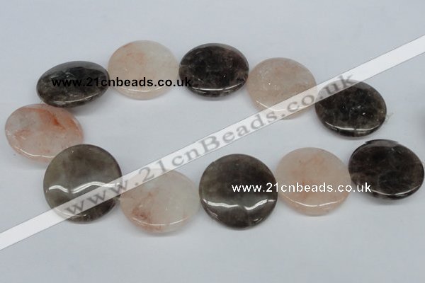 CPQ104 35mm flat round natural pink crystal & smoky quartz beads