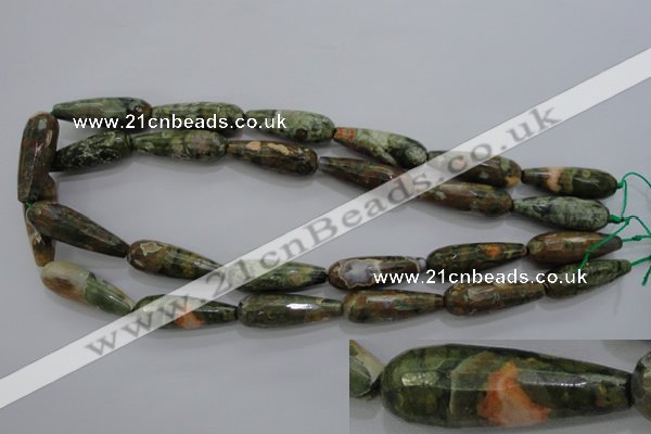 CPS133 15.5 inches 10*30mm faceted teardrop green peacock stone beads