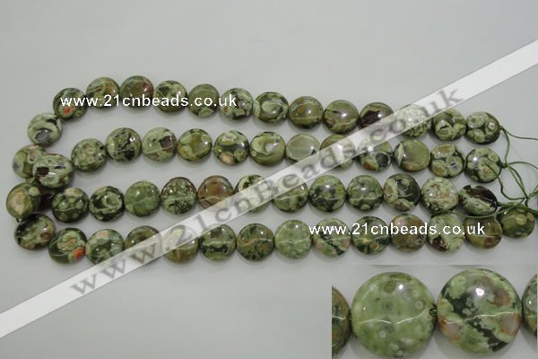 CPS142 15.5 inches 14mm flat round green peacock stone beads