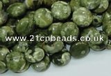 CPS35 15.5 inches 10mm flat round green peacock stone beads