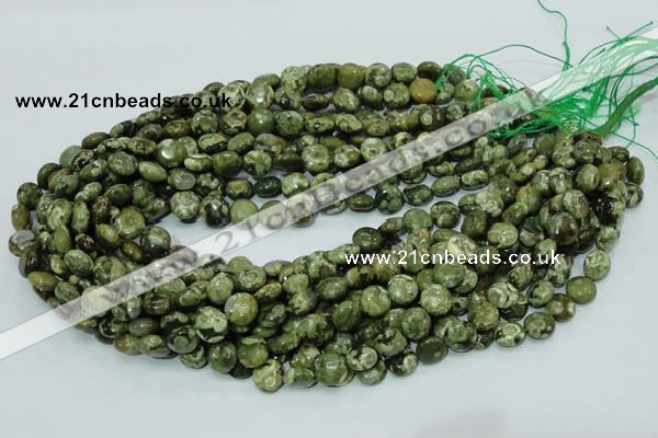 CPS35 15.5 inches 10mm flat round green peacock stone beads