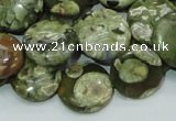 CPS37 15.5 inches 16mm flat round green peacock stone beads