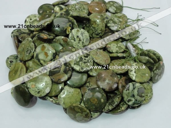 CPS38 15.5 inches 18mm flat round green peacock stone beads