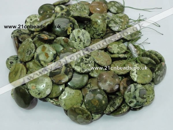 CPS39 15.5 inches 20mm flat round green peacock stone beads