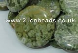 CPS40 15.5 inches 30mm flat round green peacock stone beads