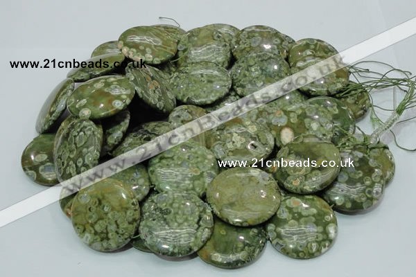 CPS40 15.5 inches 30mm flat round green peacock stone beads