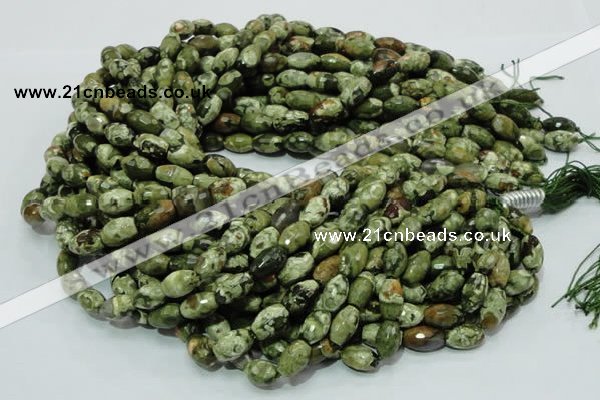 CPS66 15.5 inches 7*11mm faceted rice green peacock stone beads