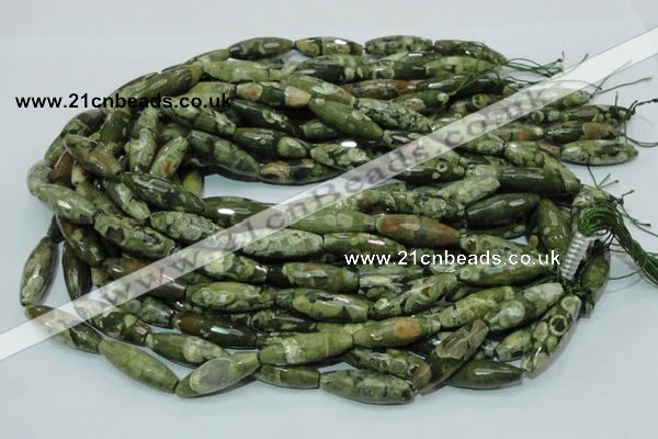 CPS70 15.5 inches 10*30mm faceted rice green peacock stone beads