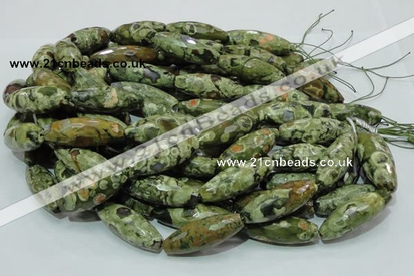 CPS72 15.5 inches 15*40mm faceted rice green peacock stone beads