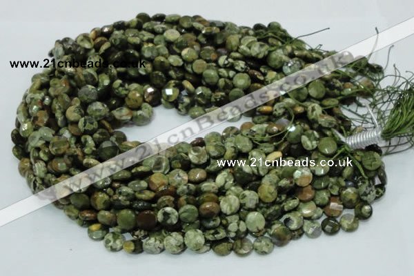 CPS83 15.5 inches 10mm faceted flat round green peacock stone beads