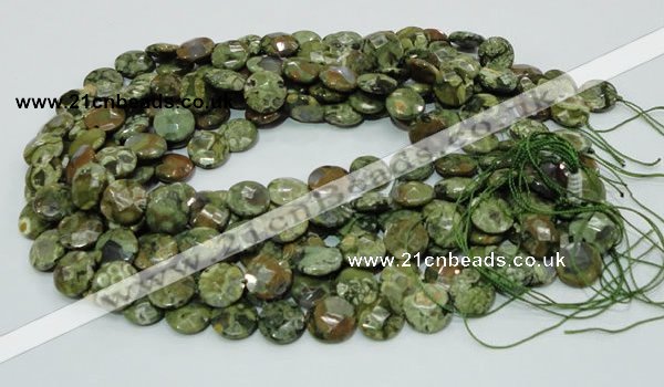 CPS84 15.5 inches 12mm faceted flat round green peacock stone beads