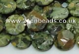 CPS85 15.5 inches 14mm faceted flat round green peacock stone beads