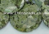 CPS88 15.5 inches 40mm faceted flat round green peacock stone beads