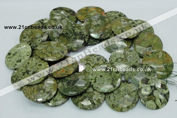 CPS88 15.5 inches 40mm faceted flat round green peacock stone beads