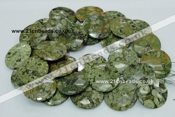 CPS93 15.5 inches 30mm faceted flat round green peacock stone beads