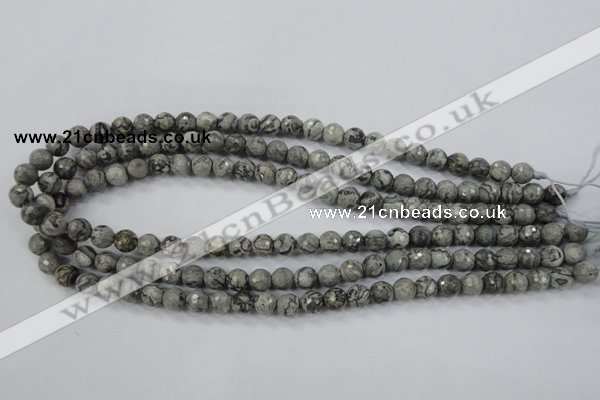 CPT112 15.5 inches 8mm faceted round grey picture jasper beads