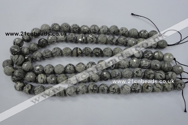 CPT114 15.5 inches 12mm faceted round grey picture jasper beads