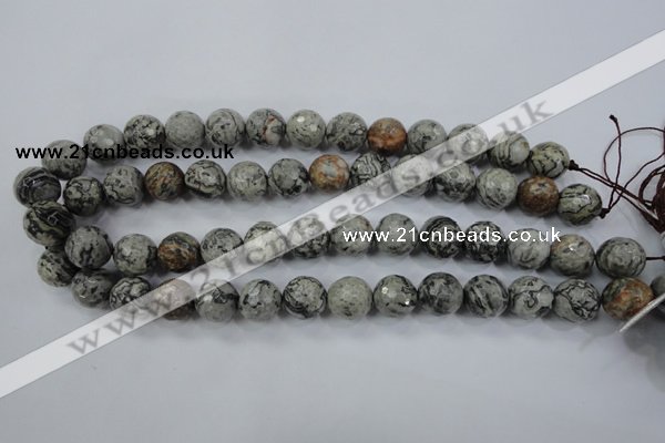 CPT115 15.5 inches 14mm faceted round grey picture jasper beads