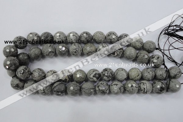 CPT116 15.5 inches 16mm faceted round grey picture jasper beads