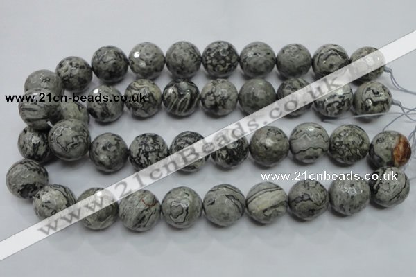 CPT118 15.5 inches 20mm faceted round grey picture jasper beads