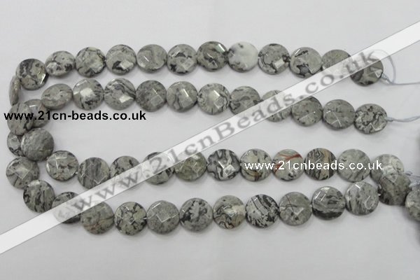 CPT125 15.5 inches 15mm faceted coin grey picture jasper beads