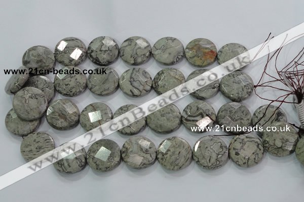 CPT126 15.5 inches 25mm faceted coin grey picture jasper beads