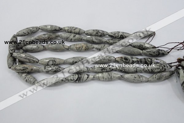 CPT136 15.5 inches 10*30mm faceted rice grey picture jasper beads