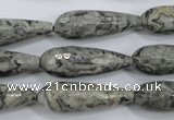 CPT137 15.5 inches 10*30mm faceted teardrop grey picture jasper beads