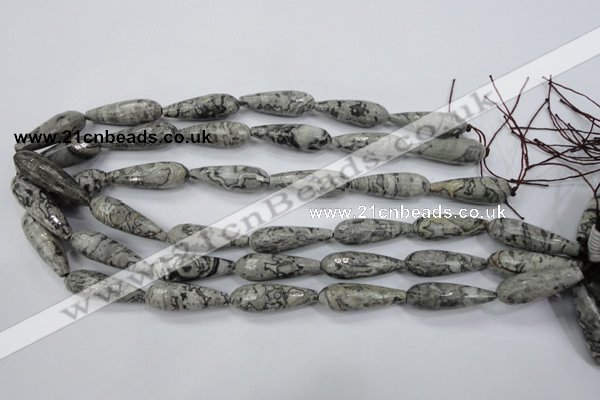 CPT137 15.5 inches 10*30mm faceted teardrop grey picture jasper beads