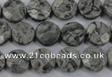 CPT140 15.5 inches 12mm faceted coin grey picture jasper beads