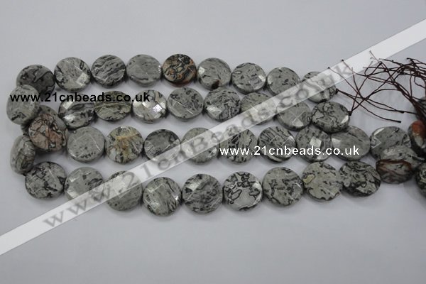 CPT141 15.5 inches 20mm faceted coin grey picture jasper beads