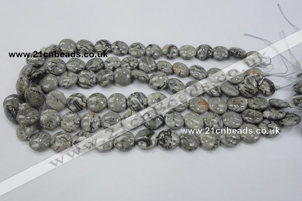 CPT164 15.5 inches 14mm flat round grey picture jasper beads