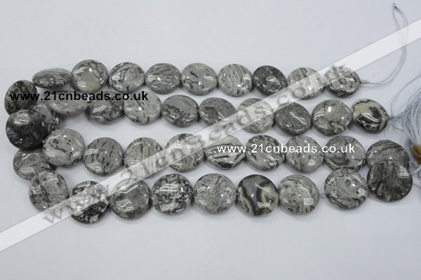 CPT167 15.5 inches 20mm flat round grey picture jasper beads