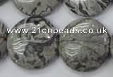 CPT168 15.5 inches 25mm flat round grey picture jasper beads