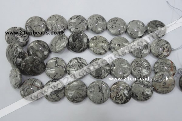CPT168 15.5 inches 25mm flat round grey picture jasper beads
