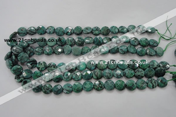 CPT232 15.5 inches 12mm faceted coin green picture jasper beads