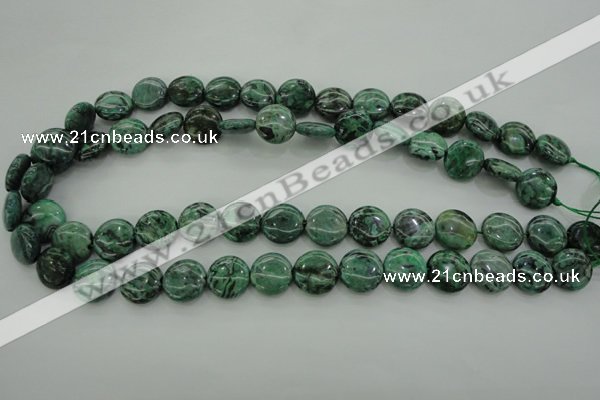CPT328 15.5 inches 14mm flat round green picture jasper beads