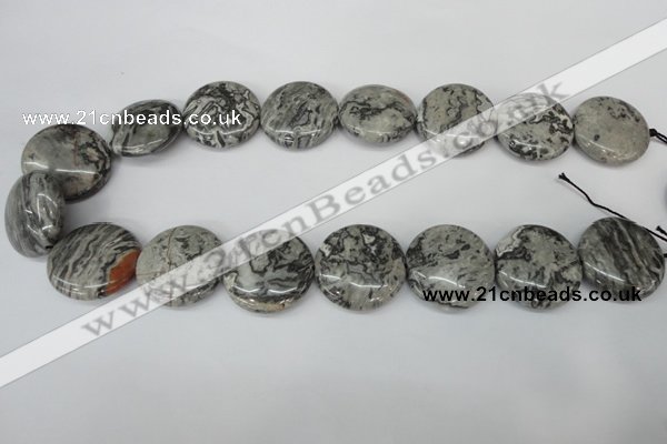 CPT360 15.5 inches 25mm flat round grey picture jasper beads