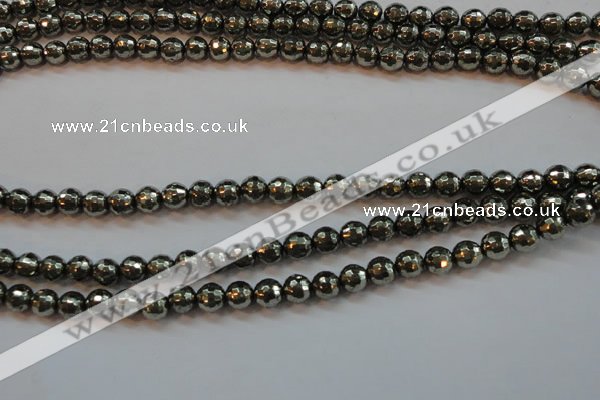 CPY106 15.5 inches 6mm faceted round pyrite gemstone beads wholesale