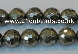 CPY110 15.5 inches 14mm faceted round pyrite gemstone beads wholesale