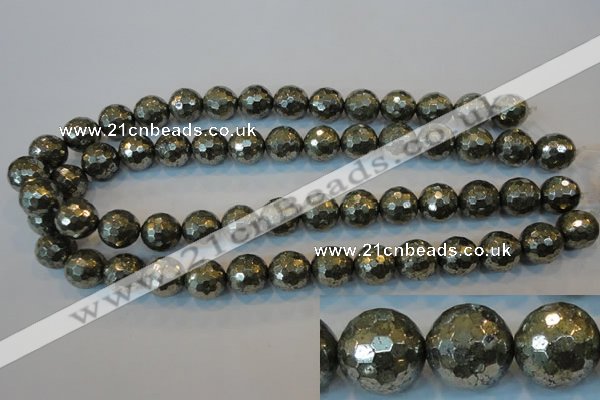 CPY110 15.5 inches 14mm faceted round pyrite gemstone beads wholesale