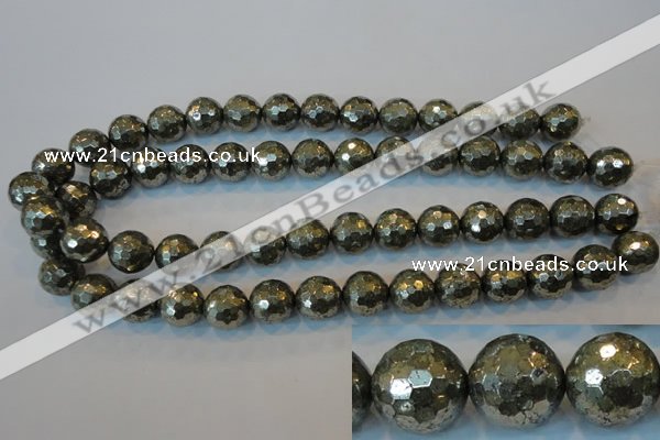 CPY111 15.5 inches 16mm faceted round pyrite gemstone beads wholesale