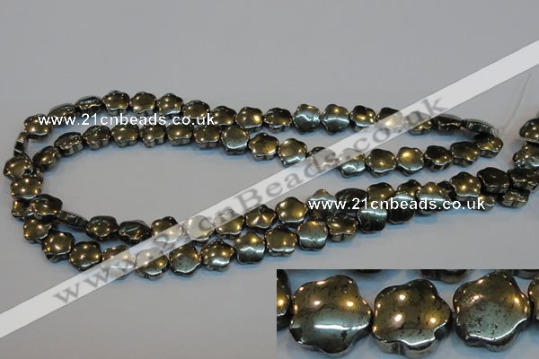 CPY162 15.5 inches 12mm carved flower pyrite gemstone beads wholesale