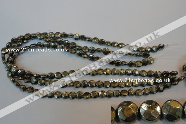 CPY341 15.5 inches 8mm faceted coin pyrite gemstone beads wholesale