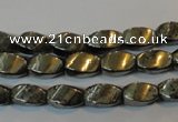 CPY345 15.5 inches 6*10mm twisted rice pyrite gemstone beads wholesale