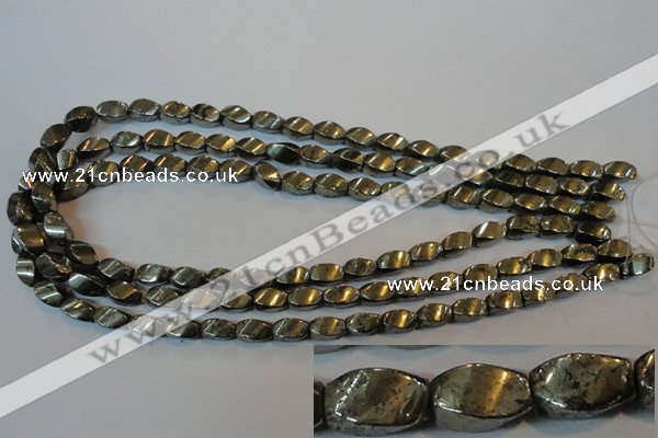 CPY345 15.5 inches 6*10mm twisted rice pyrite gemstone beads wholesale