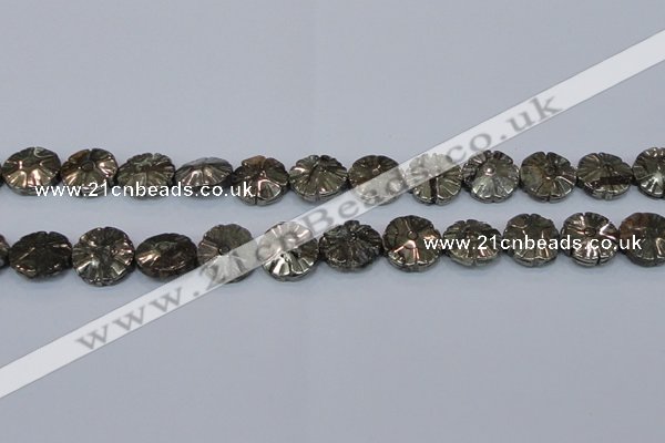 CPY660 15.5 inches 15mm carved flower pyrite gemstone beads